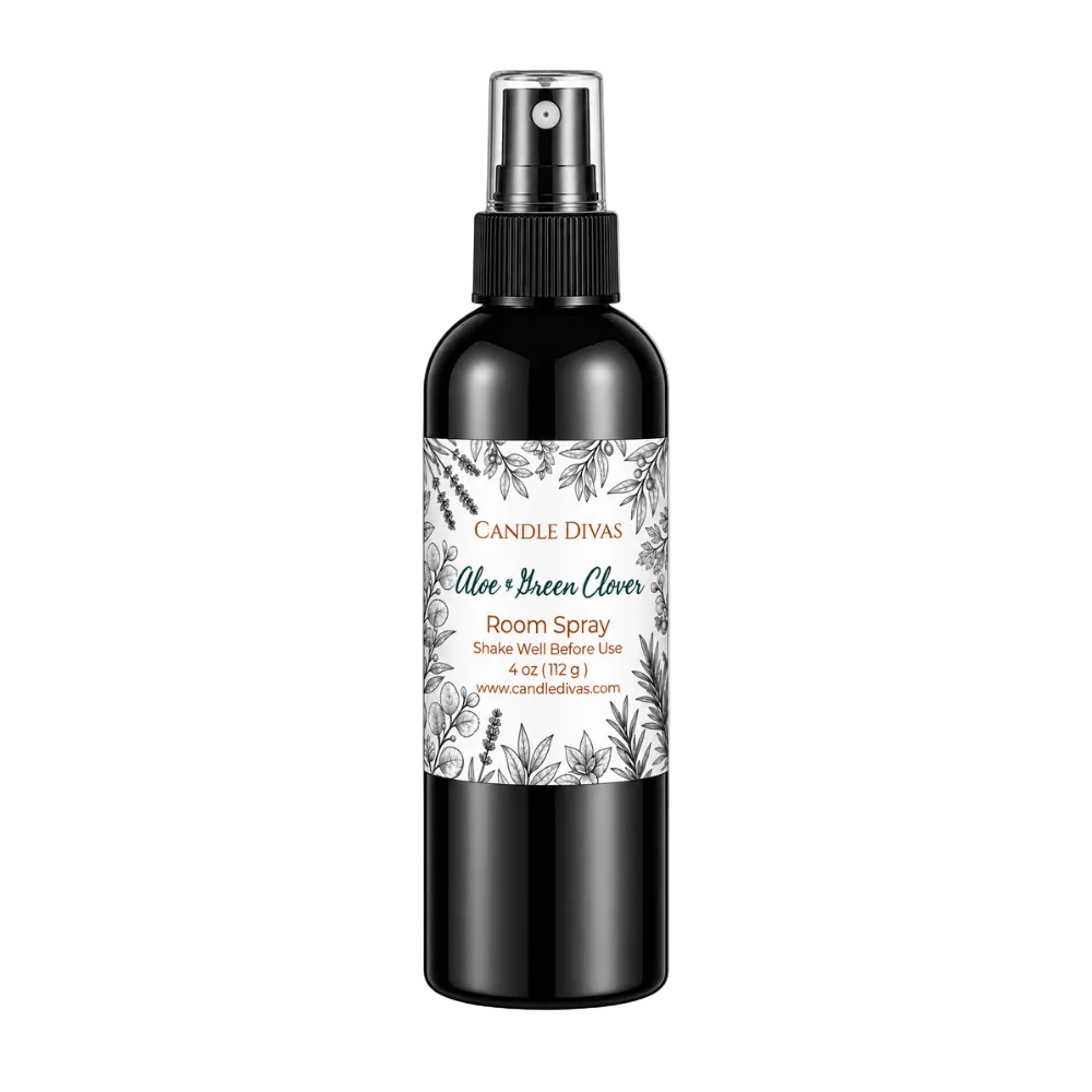 Candle Divas Aloe & Green Clover 4 oz room spray bottle with fresh, clean home fragrance.