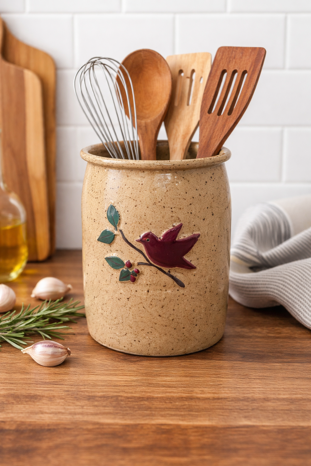 Cardinal on Branch Ceramic Spoon Crock