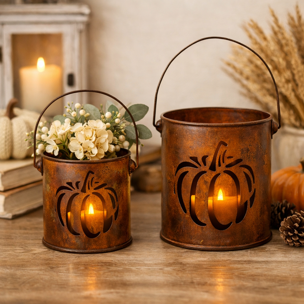 Farmhouse Fall Decor Spooky Rustic Style Pumpkin Cutout Buckets