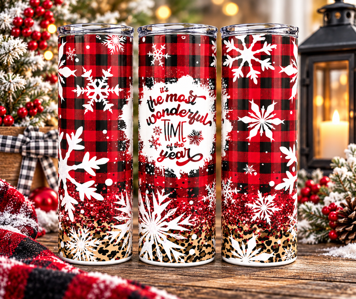Leopard print and plaid Christmas insulated tumbler with straw