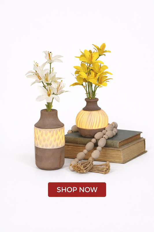 Natural Wood & White Ceramic Lighted Vase
