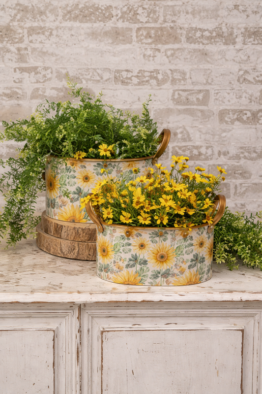 Oval Metal Sunflowers Buckets With Handles