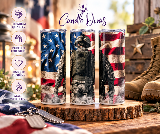 Patriotic soldier tumbler displayed with American flag, military boots and rustic decor