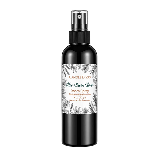 Candle Divas Aloe & Green Clover 4 oz room spray bottle with fresh, clean home fragrance.