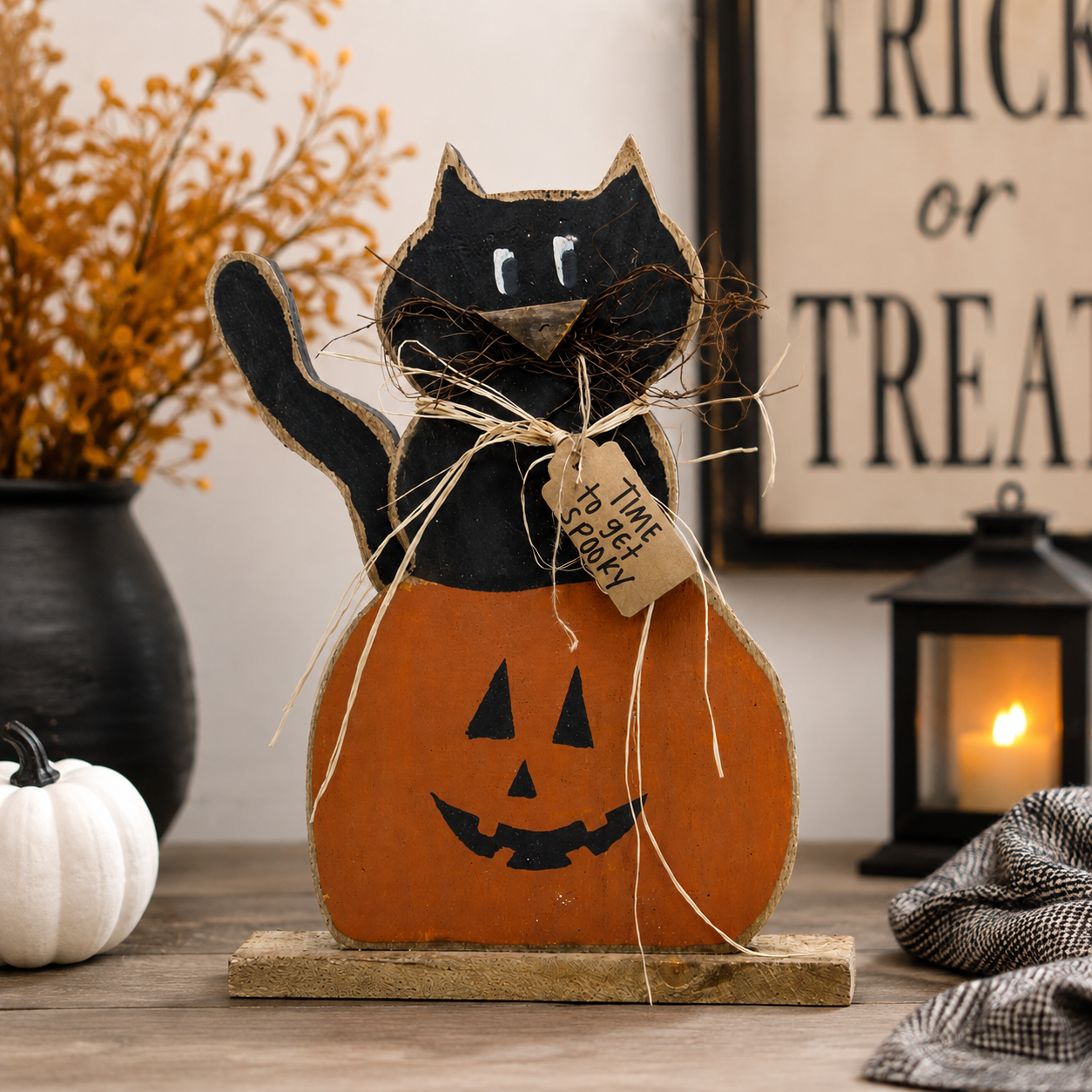 Rustic Wood “Time to Get Spooky” Black Cat Halloween Décor