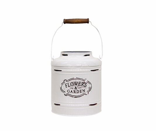 Distressed White Metal Ribbed Flower Garden Bucket w/Handle - Candle Divas
