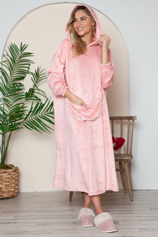 Double Take Full Size Pocketed Hooded Midi Lounge Dress - Candle Divas