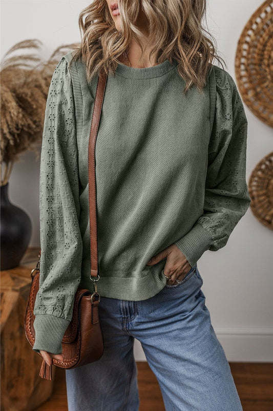 Eyelet Round Neck Long Sleeve Sweatshirt - Candle Divas