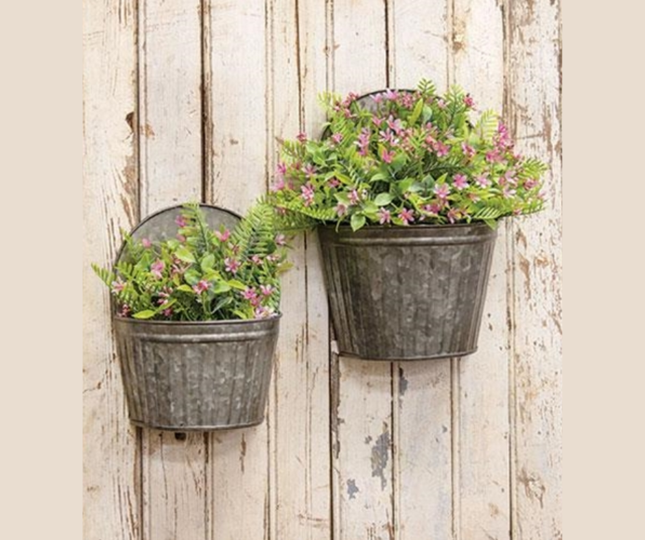 Antique Galvanized Ribbed Wall Buckets Set 2