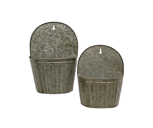 Antique Galvanized Ribbed Wall Buckets Set 2