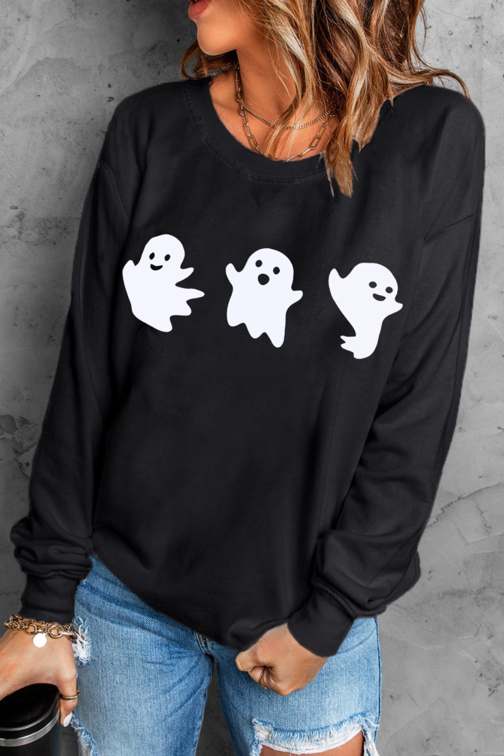 Ghost Round Neck Long Sleeve Sweatshirt - Candle Divas