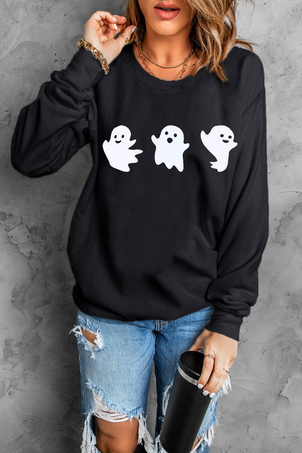 Ghost Round Neck Long Sleeve Sweatshirt - Candle Divas