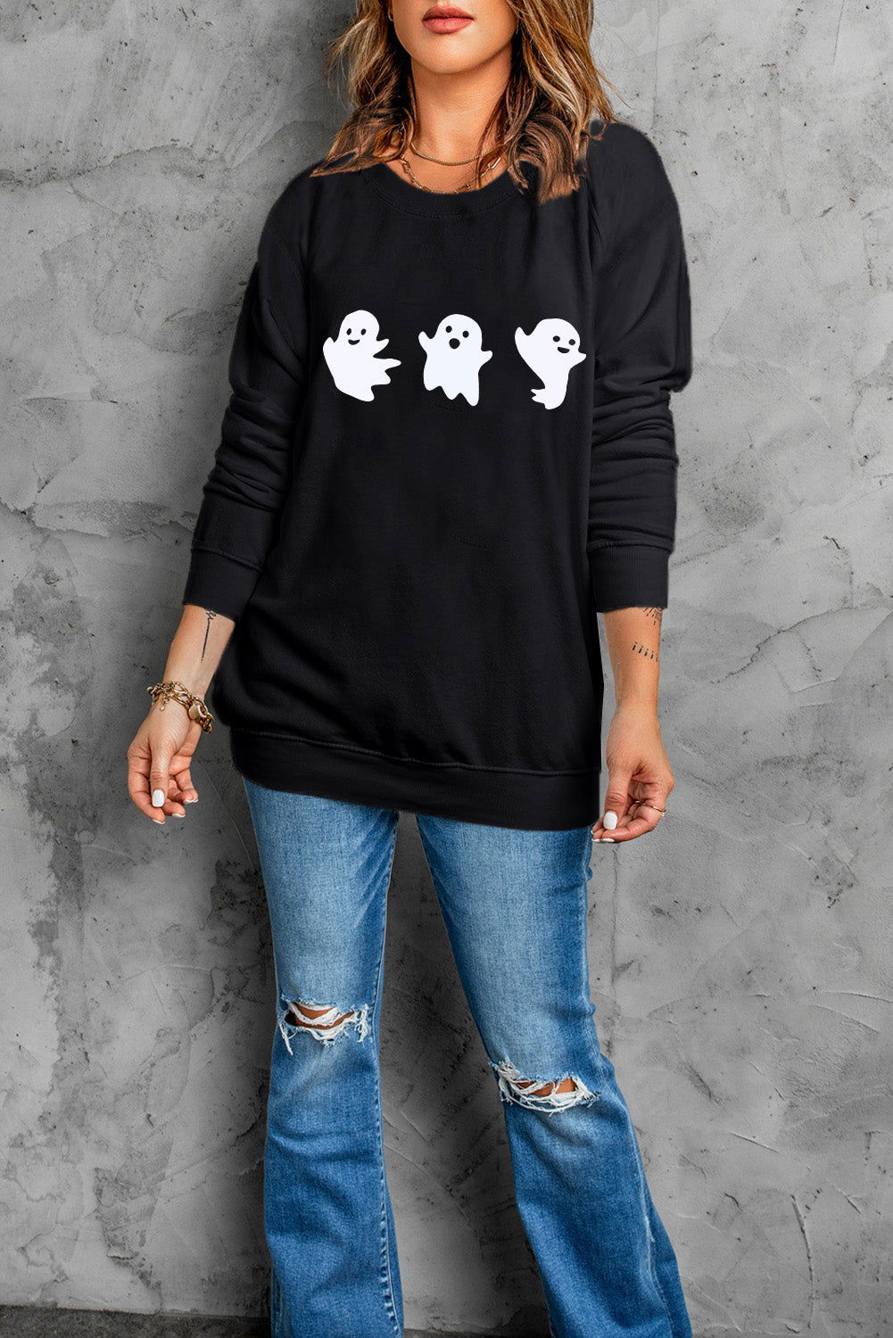 Ghost Round Neck Long Sleeve Sweatshirt - Candle Divas