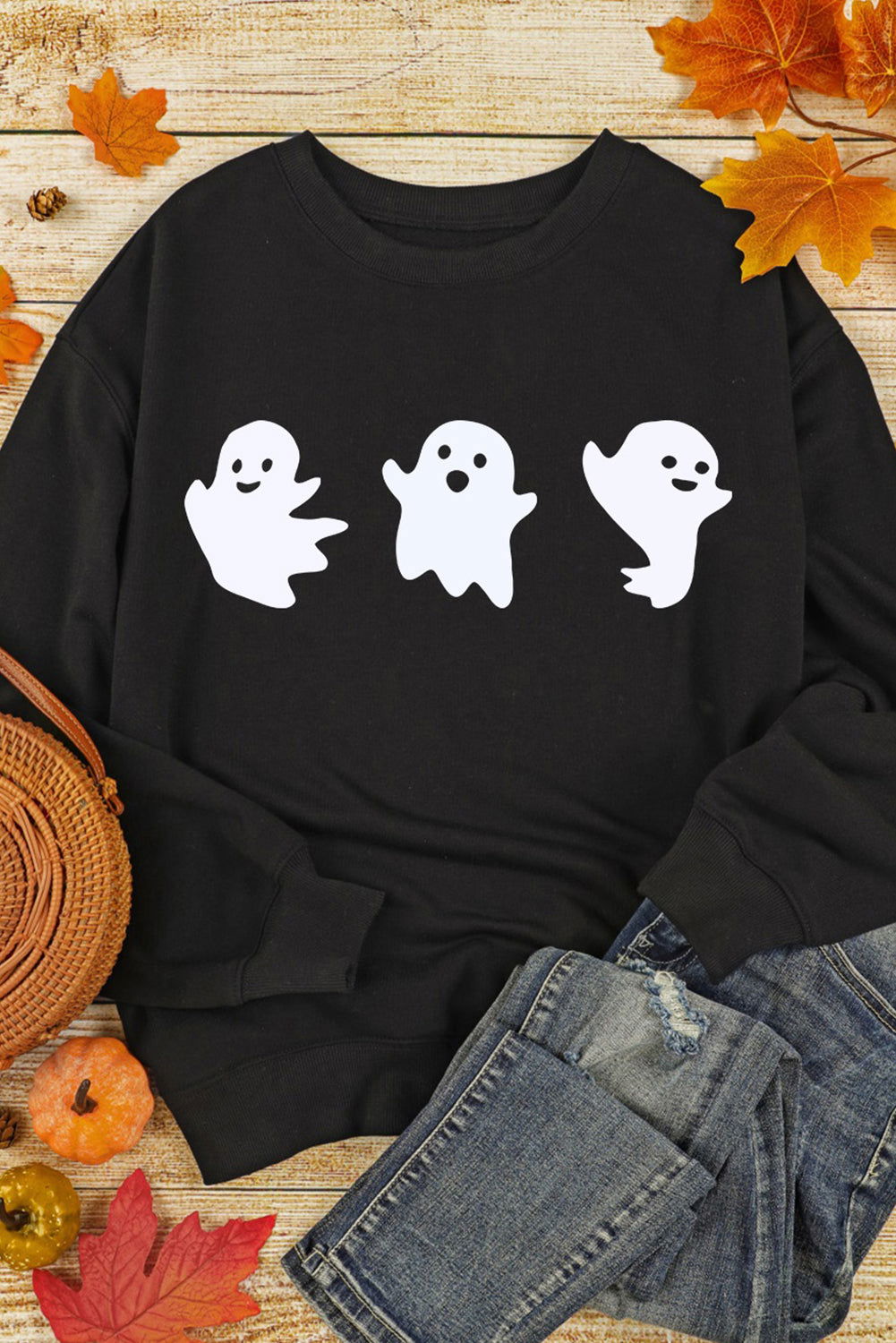 Ghost Round Neck Long Sleeve Sweatshirt - Candle Divas