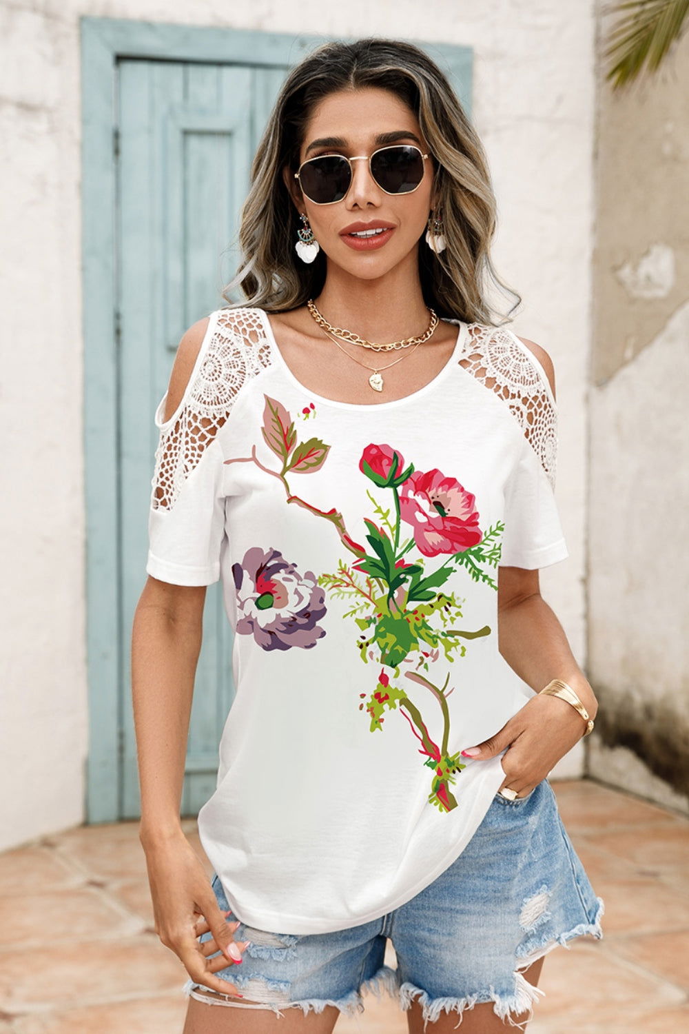 Lace Detail Round Neck Cold Shoulder Blouse - Candle Divas