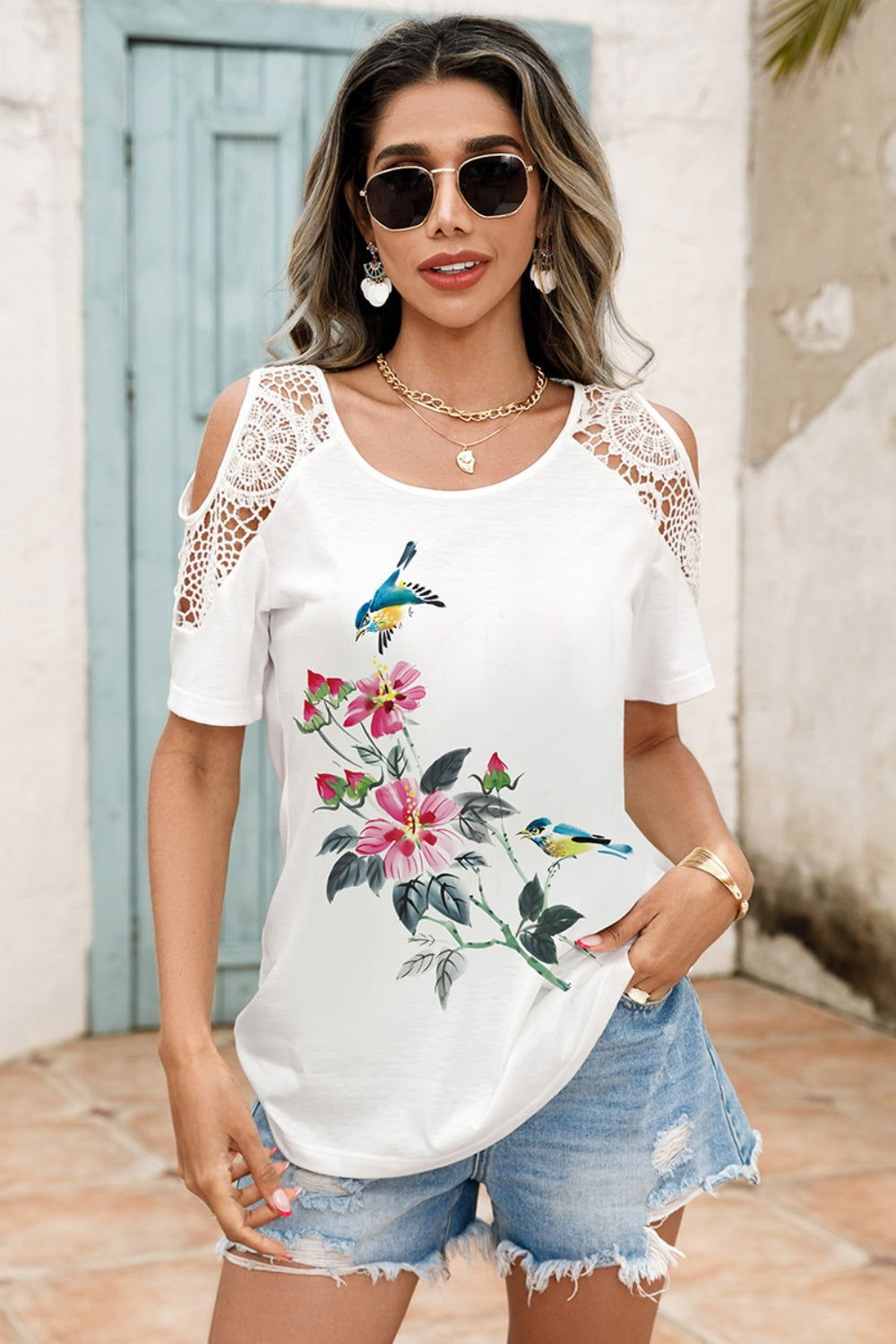 Lace Detail Round Neck Cold Shoulder Blouse - Candle Divas