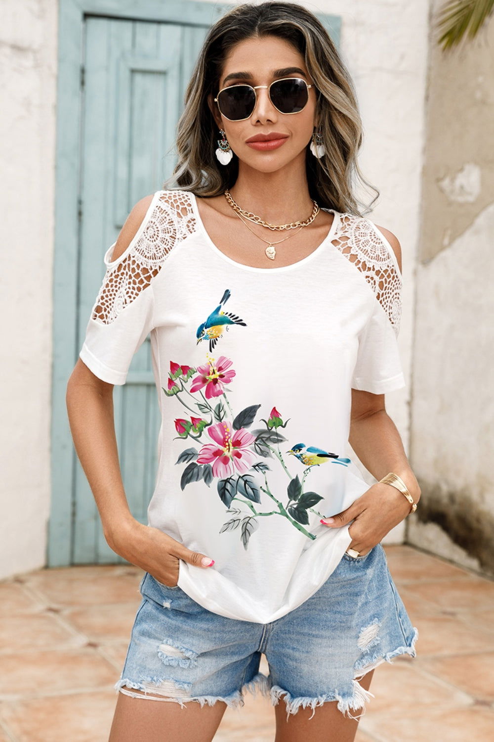 Lace Detail Round Neck Cold Shoulder Blouse - Candle Divas