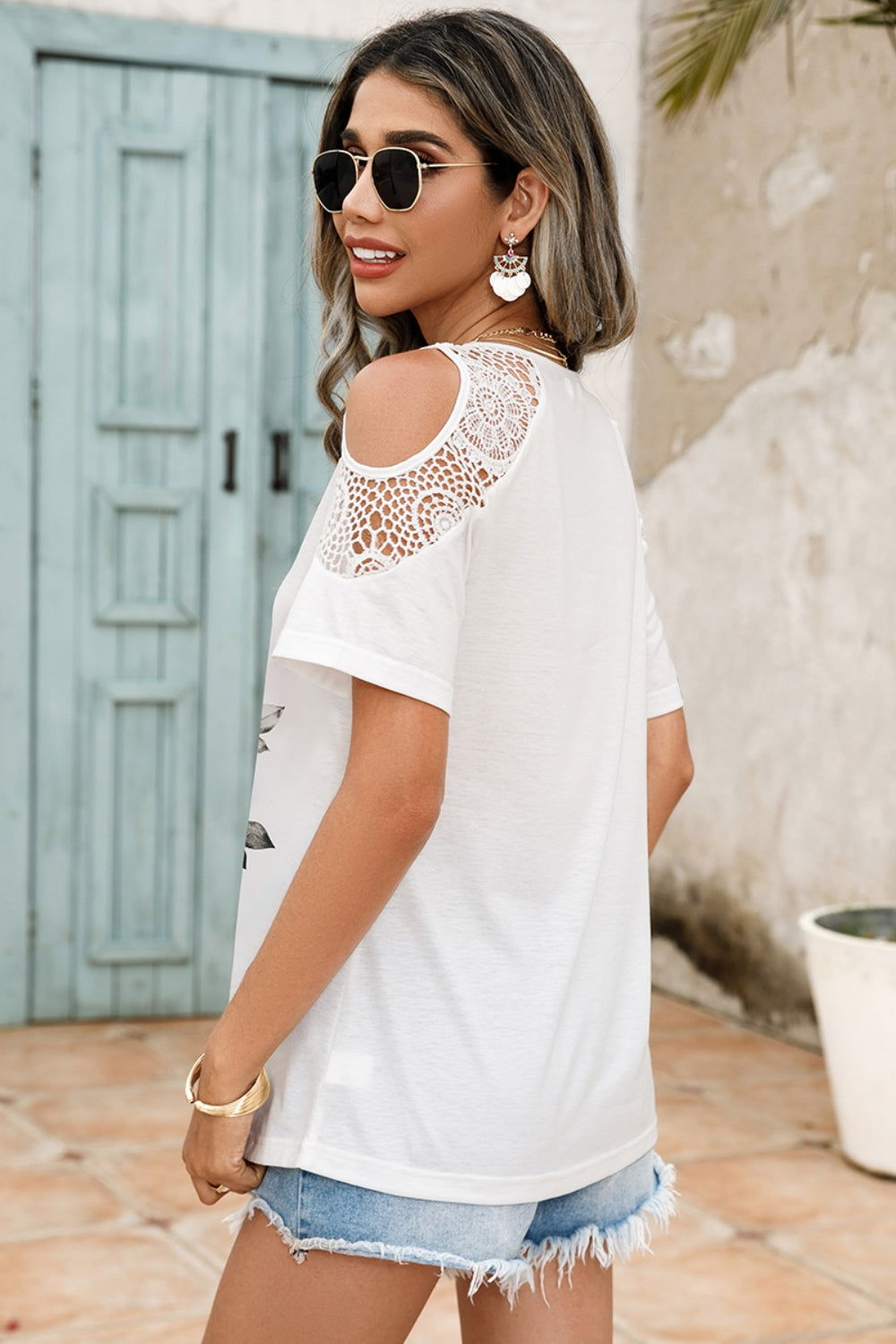 Lace Detail Round Neck Cold Shoulder Blouse - Candle Divas