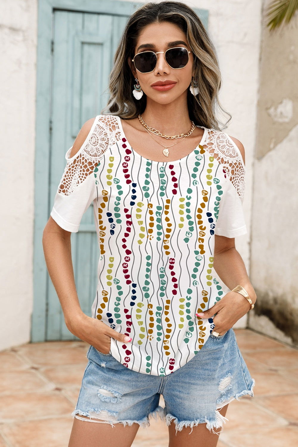 Lace Detail Round Neck Cold Shoulder Blouse - Candle Divas