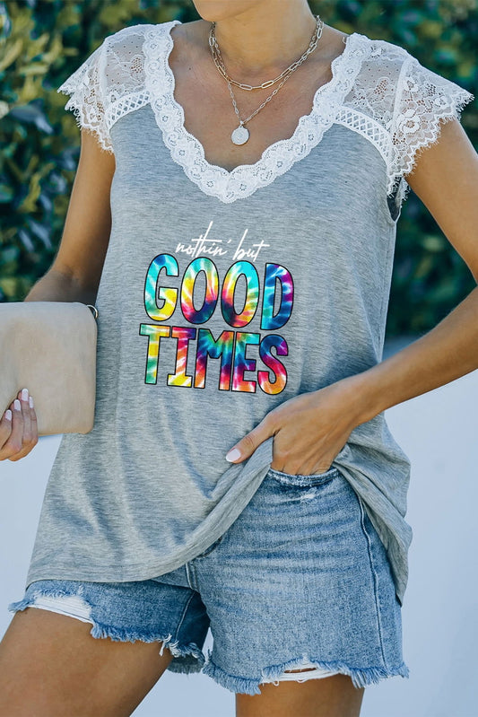 Lace Trim V-Neck NOTHIN BUT GOOD TIMES Graphic Tee - Candle Divas