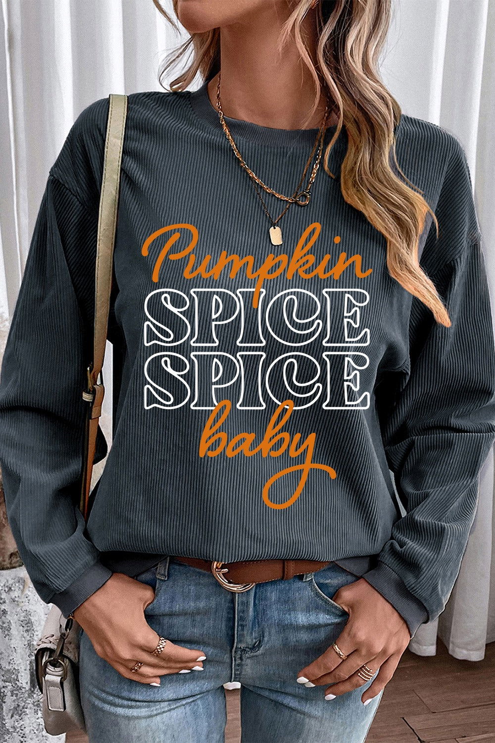 Letter Graphic Round Neck Long Sleeve Sweatshirt - Candle Divas