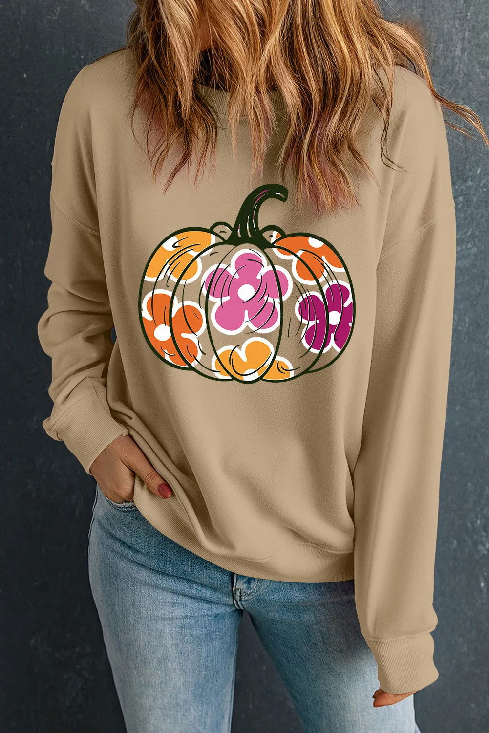 Pumpkin & Flower Graphic Long Sleeve Sweatshirt - Candle Divas