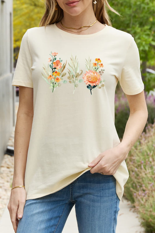 Simply Love Flower Graphic Round Neck Cotton Tee - Candle Divas