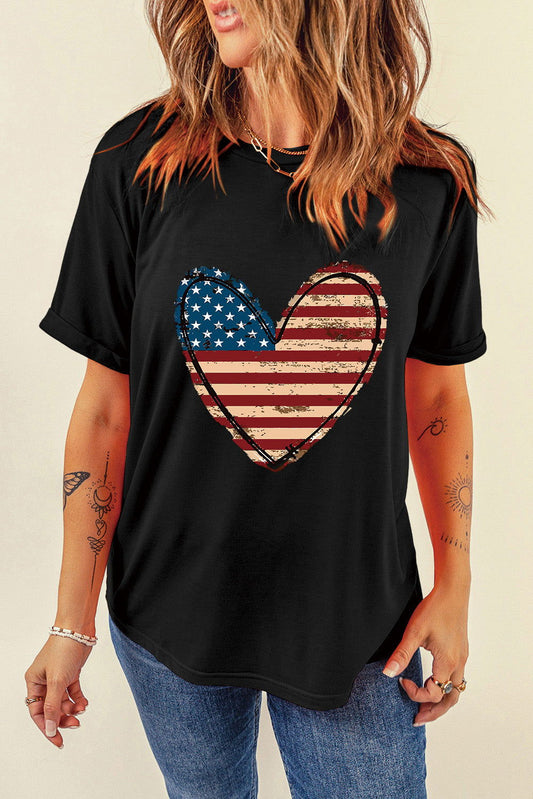 Stars and Stripes Heart Round Neck Short Sleeve T-Shirt - Candle Divas