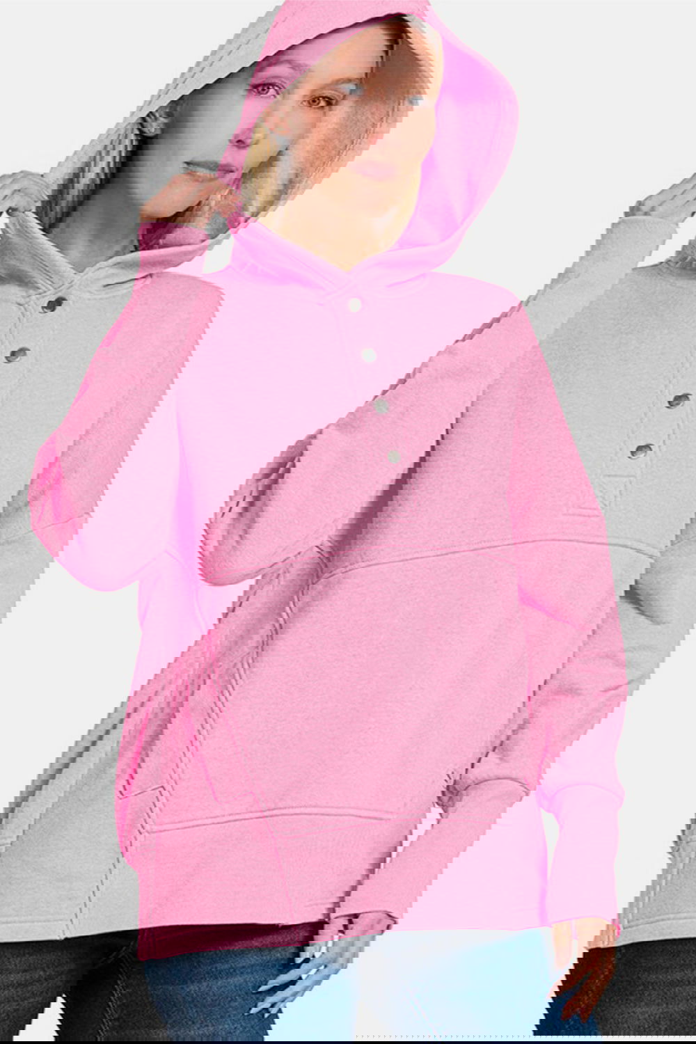 Zenana Half Snap Long Sleeve Hoodie with Kangaroo Pocket - Candle Divas