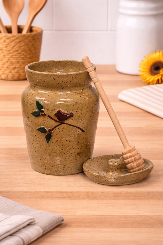 Cardinal on Branch Ceramic Honey Pot with Lid and Dipper