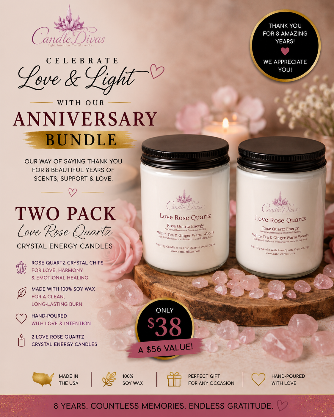 Love Rose Quartz Crystal Energy Candle Two Pack