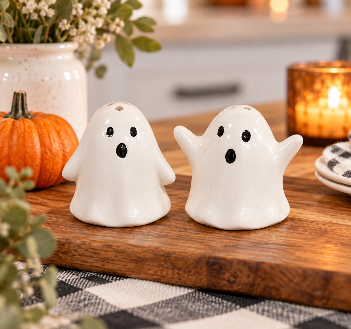 Set of 2 white ceramic ghost salt and pepper shakers with black faces for Halloween table décor
