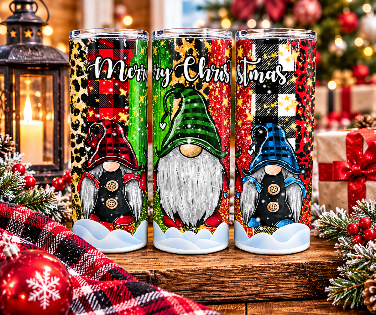 Christmas gnome insulated skinny tumbler with festive full-wrap design and straw