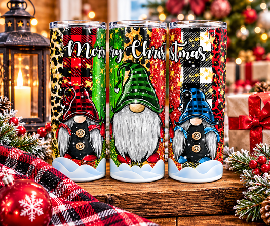 Christmas gnome insulated skinny tumbler with festive full-wrap design and straw