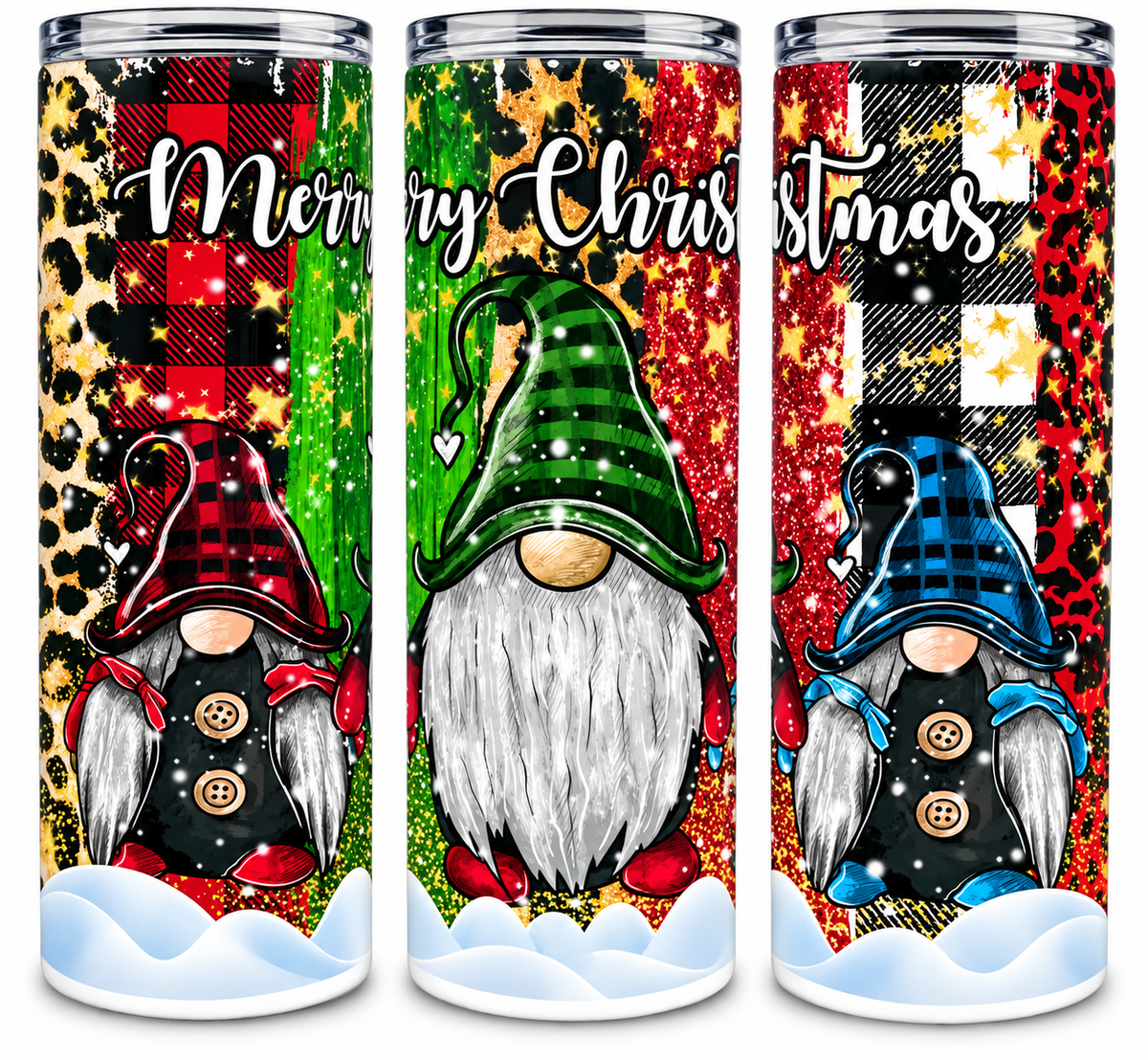 Merry Christmas Gnomes 20oz skinny tumbler with colorful plaid holiday gnomes