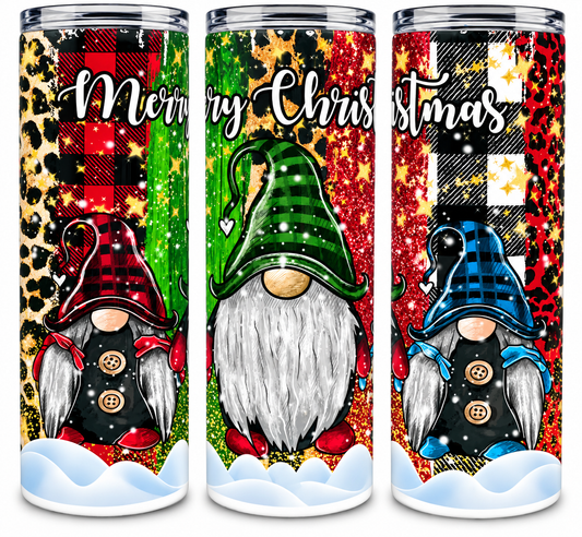 Merry Christmas Gnomes 20oz skinny tumbler with colorful plaid holiday gnomes