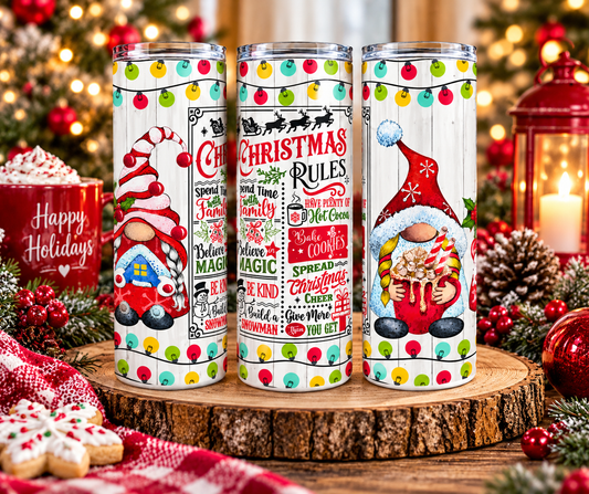 Christmas Rules holiday tumbler with Christmas gnome design displayed with festive decorations and hot coco