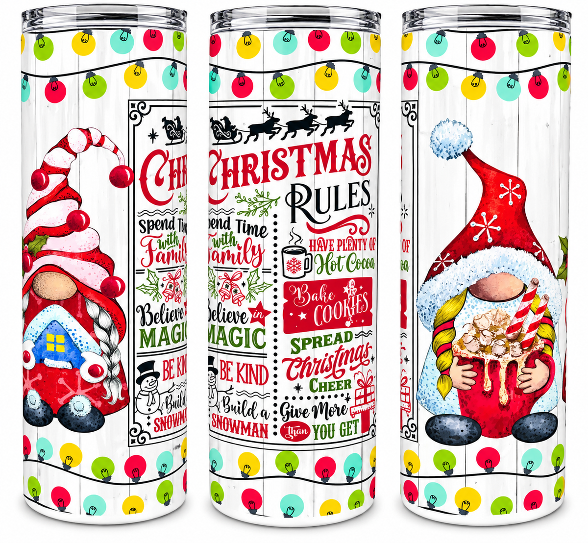 Christmas Rules 20oz skinny tumbler featuring festive gnomes, colorful Christmas lights and holiday sayings