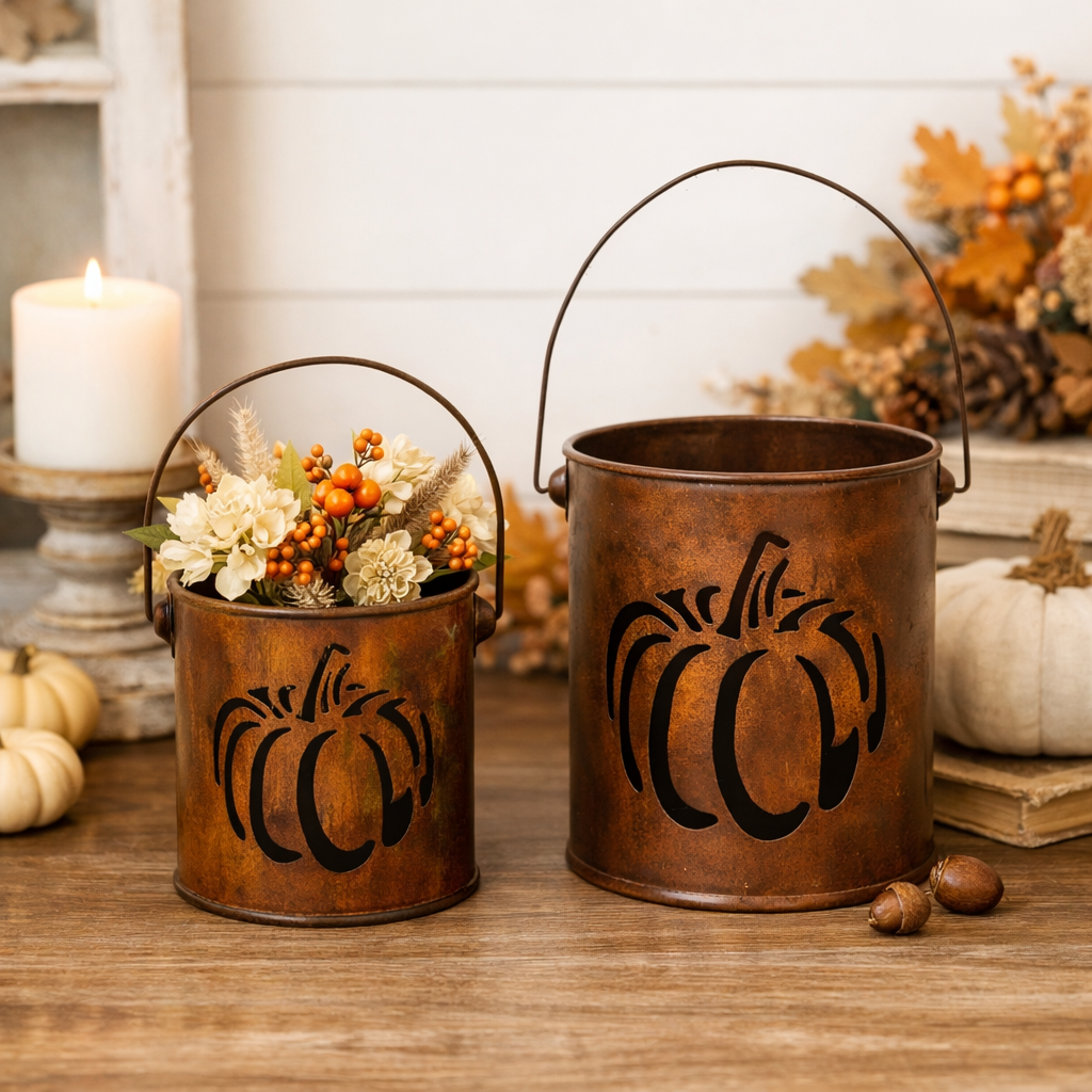 Farmhouse Fall Decor Spooky Rustic Style Pumpkin Cutout Buckets