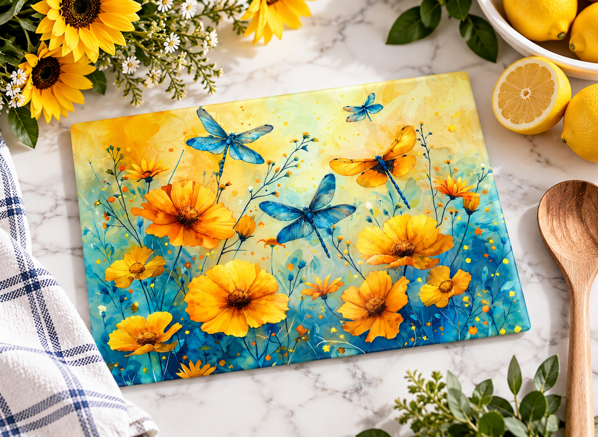 Watercolor Dragonfly Nature Lovers Glass Cutting Board