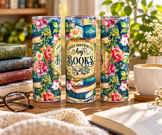 Floral book lover skinny tumbler displayed with books and coffee in a cozy reading nook.