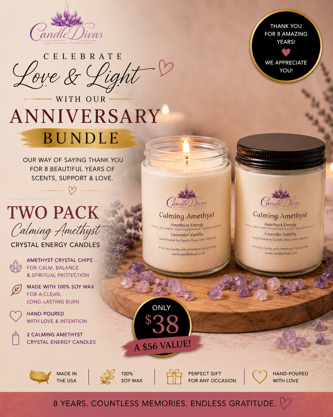 Calming Amethyst Crystal Energy Candle Two Pack