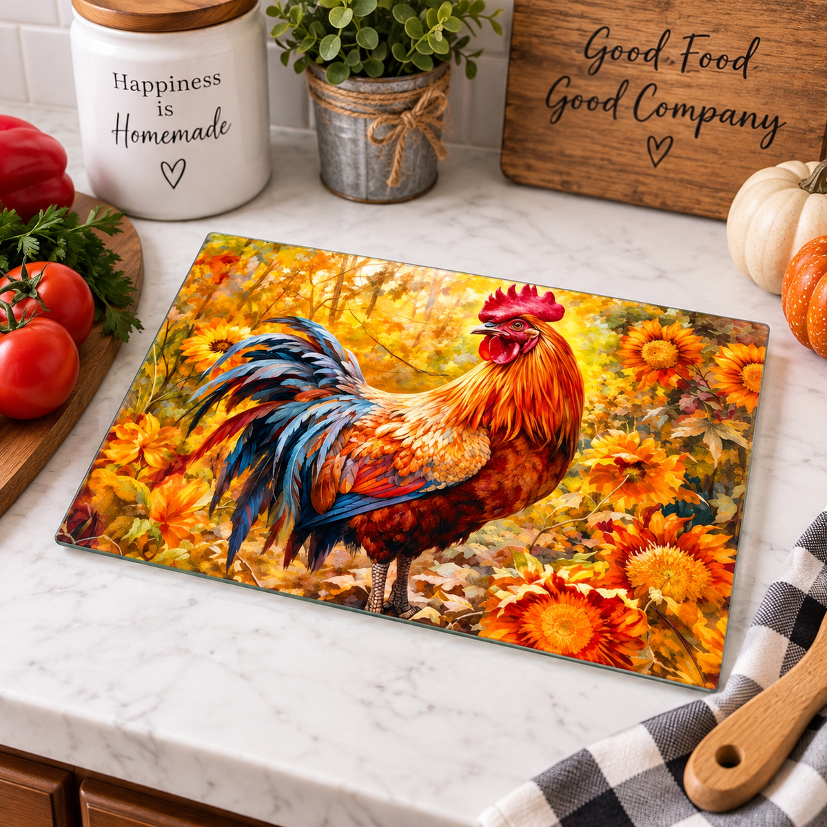 Fall Farmhouse Rooster Glass Cutting Board | Candle Divas