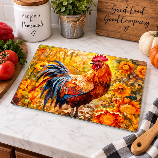 Fall Farmhouse Rooster Glass Cutting Board | Candle Divas