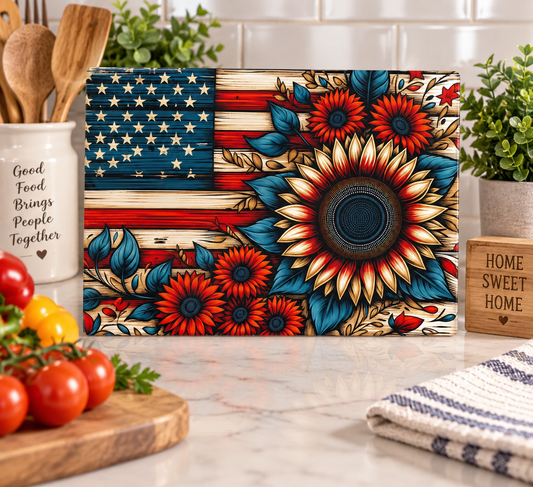 American Flag – Rustic Patriotic Sunflower Glass Cutting Board