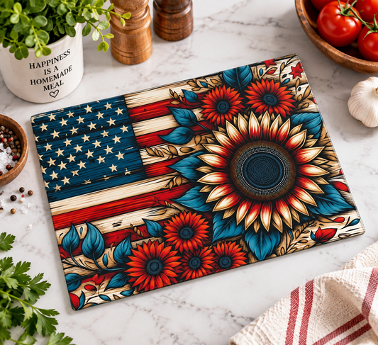American Flag – Rustic Patriotic Sunflower Glass Cutting Board