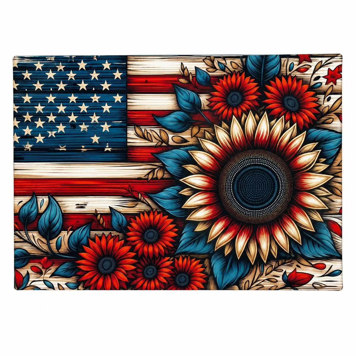 American Flag – Rustic Patriotic Sunflower Glass Cutting Board