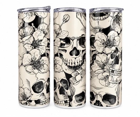Floral Skulls 20oz Shimmer Skinny Tumbler featuring black and white skulls and flowers