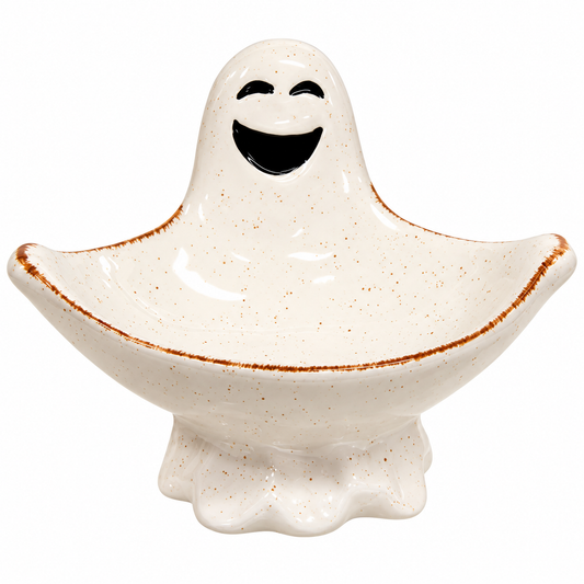 Ceramic Ghost Candy Dish – Speckled Halloween Candy & Treat Bowl, 6.75"