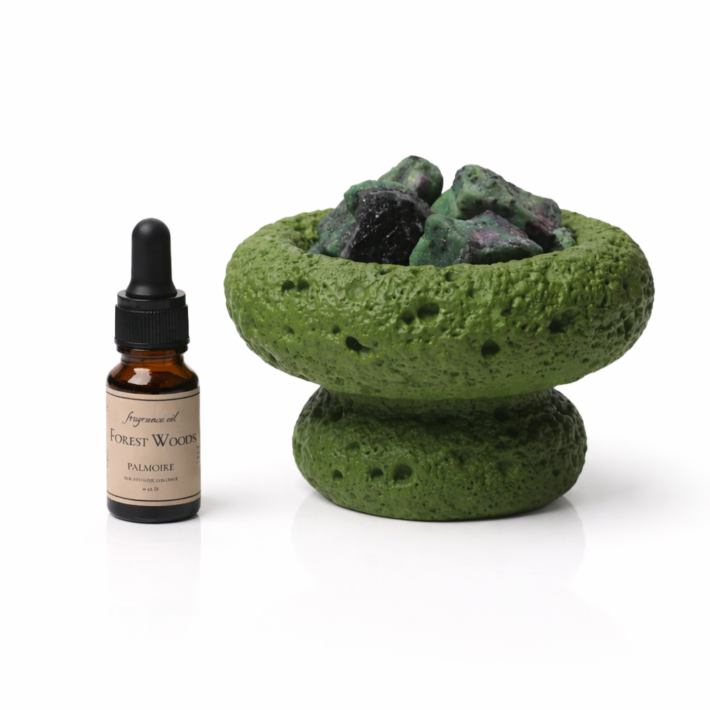 Green moon aromatherapy diffuser with Green Fluorite crystals and Forest Woods fragrance oil